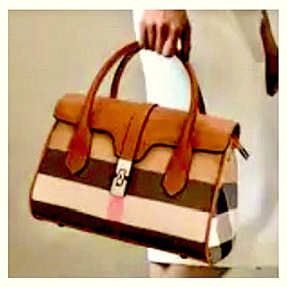 Genuine Leather Top Handle Small Handbag w/Checked Woven Fabric - Picture 7 of 9